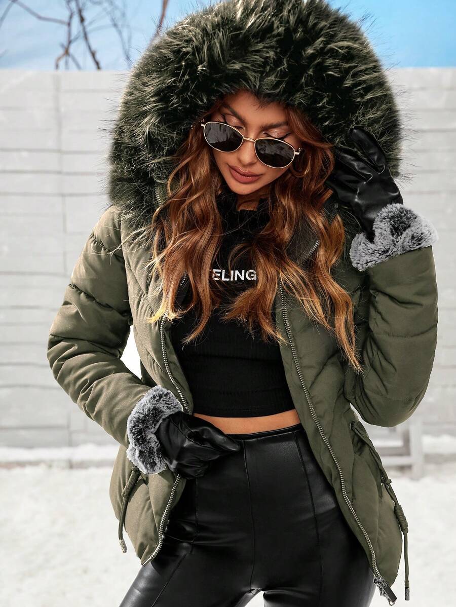 Anewsta Women's Solid Color Long Sleeve Zipper Collar Patchwork Fuzzy Hooded Padded Coat, Winter