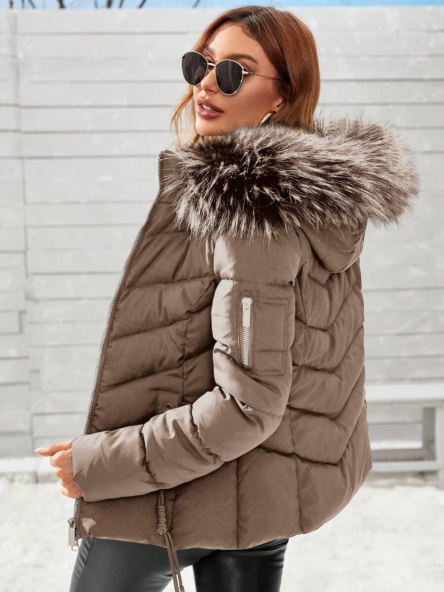 Anewsta Women's Solid Color Long Sleeve Zipper Collar Patchwork Fuzzy Hooded Padded Coat, Winter