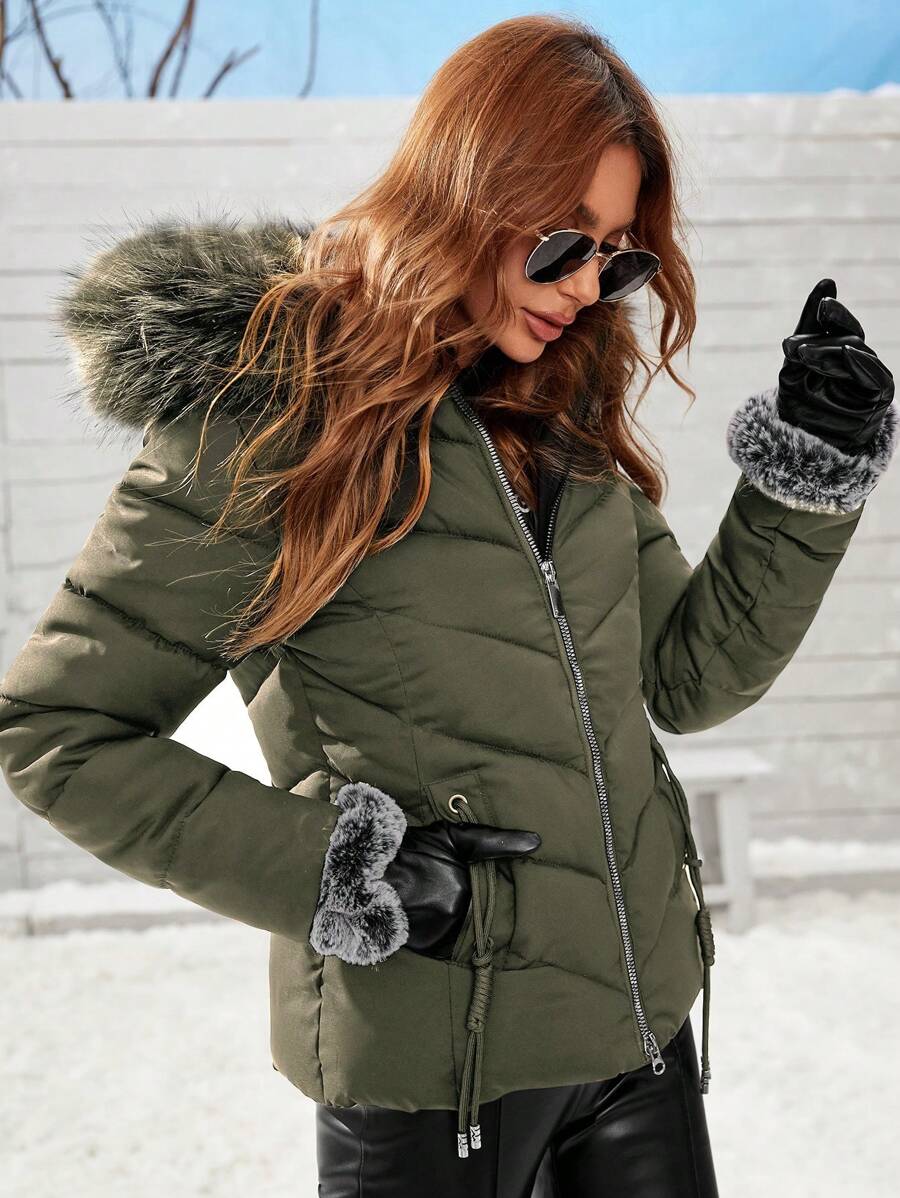 Anewsta Women's Solid Color Long Sleeve Zipper Collar Patchwork Fuzzy Hooded Padded Coat, Winter