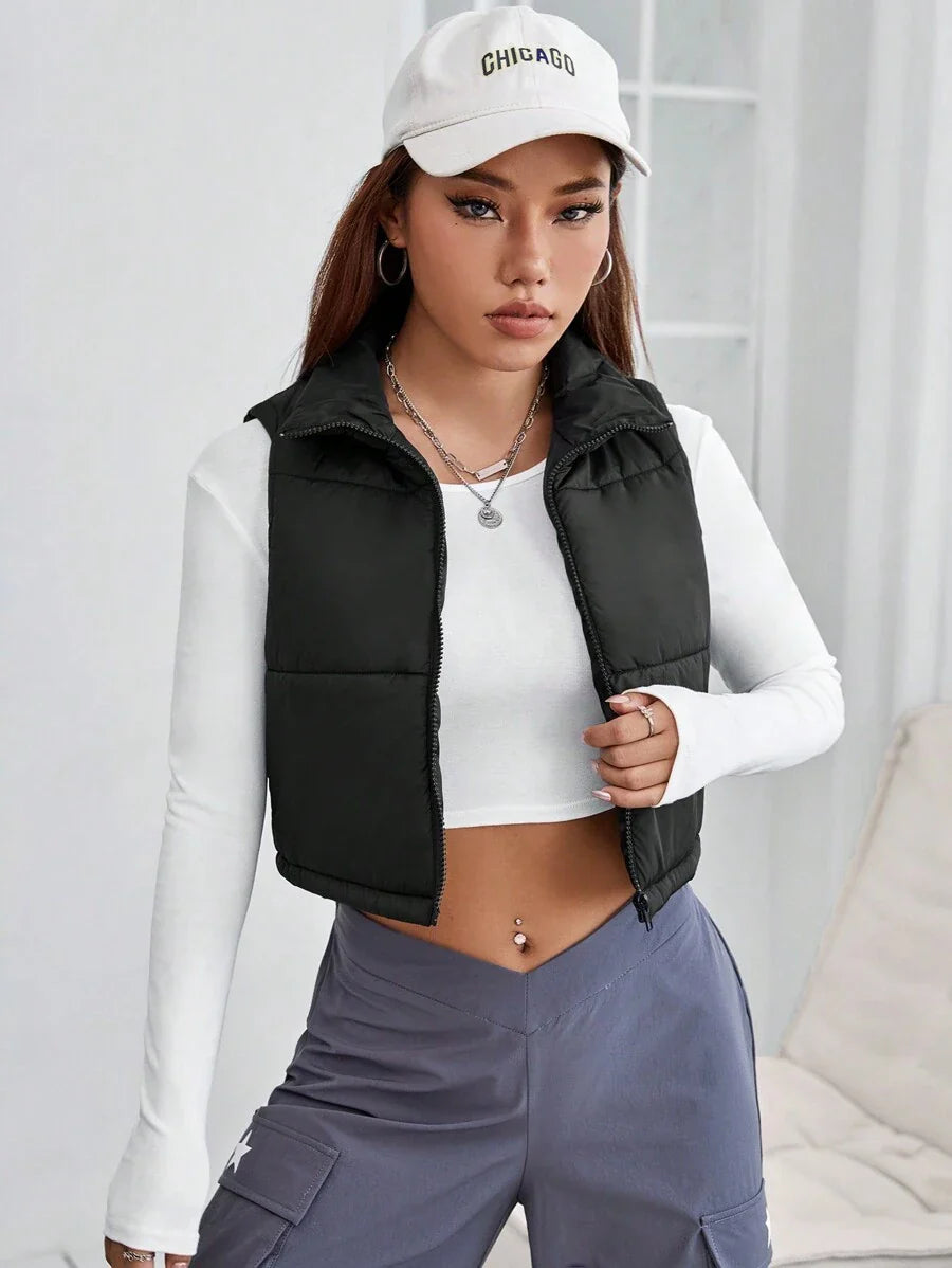 PETITE Short Solid Color Stand Collar Sleeveless Padded Coat, Ladies Late Fall Casual Zipper Collar Regular Fit Khaki Plain Women Padded Coats, Winter Warmth/ Winter Fashion