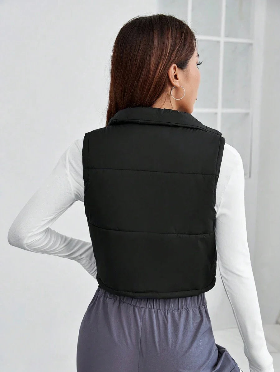 PETITE Short Solid Color Stand Collar Sleeveless Padded Coat, Ladies Late Fall Casual Zipper Collar Regular Fit Khaki Plain Women Padded Coats, Winter Warmth/ Winter Fashion