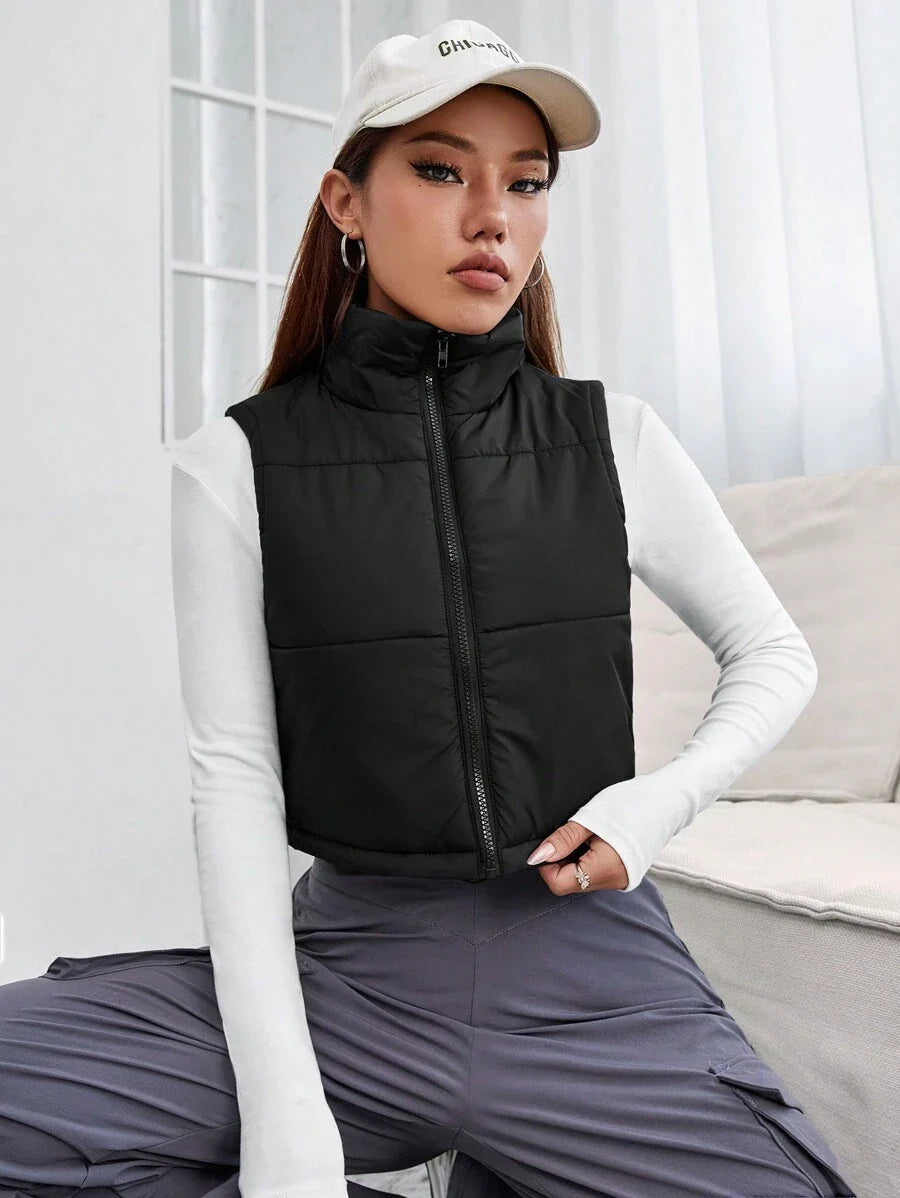 PETITE Short Solid Color Stand Collar Sleeveless Padded Coat, Ladies Late Fall Casual Zipper Collar Regular Fit Khaki Plain Women Padded Coats, Winter Warmth/ Winter Fashion