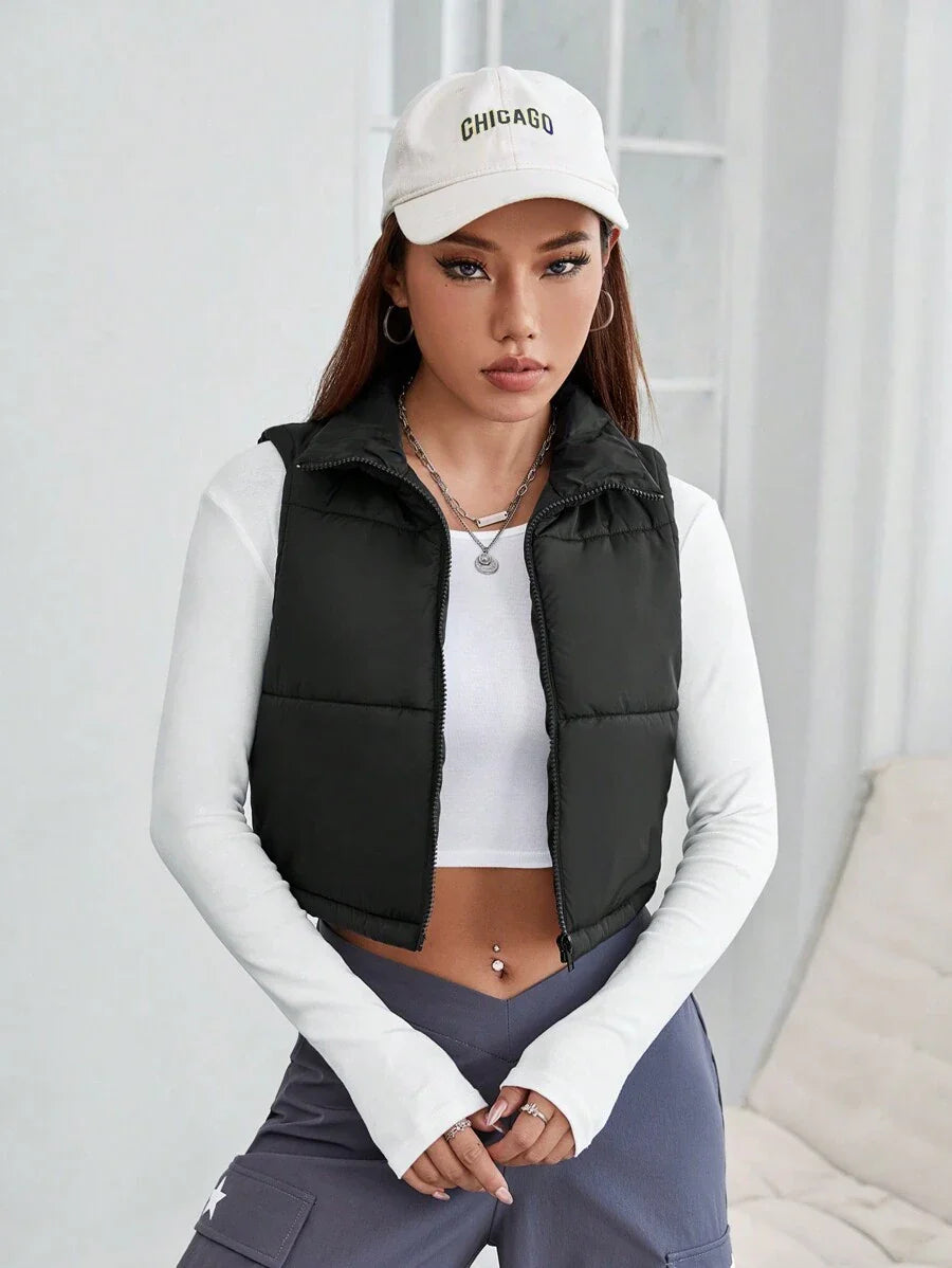 PETITE Short Solid Color Stand Collar Sleeveless Padded Coat, Ladies Late Fall Casual Zipper Collar Regular Fit Khaki Plain Women Padded Coats, Winter Warmth/ Winter Fashion