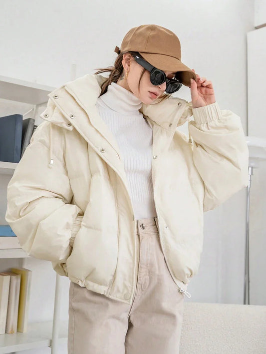 DAZY Women's Solid Color Long Sleeve Zipper Collar Casual Hooded Winter Jacket