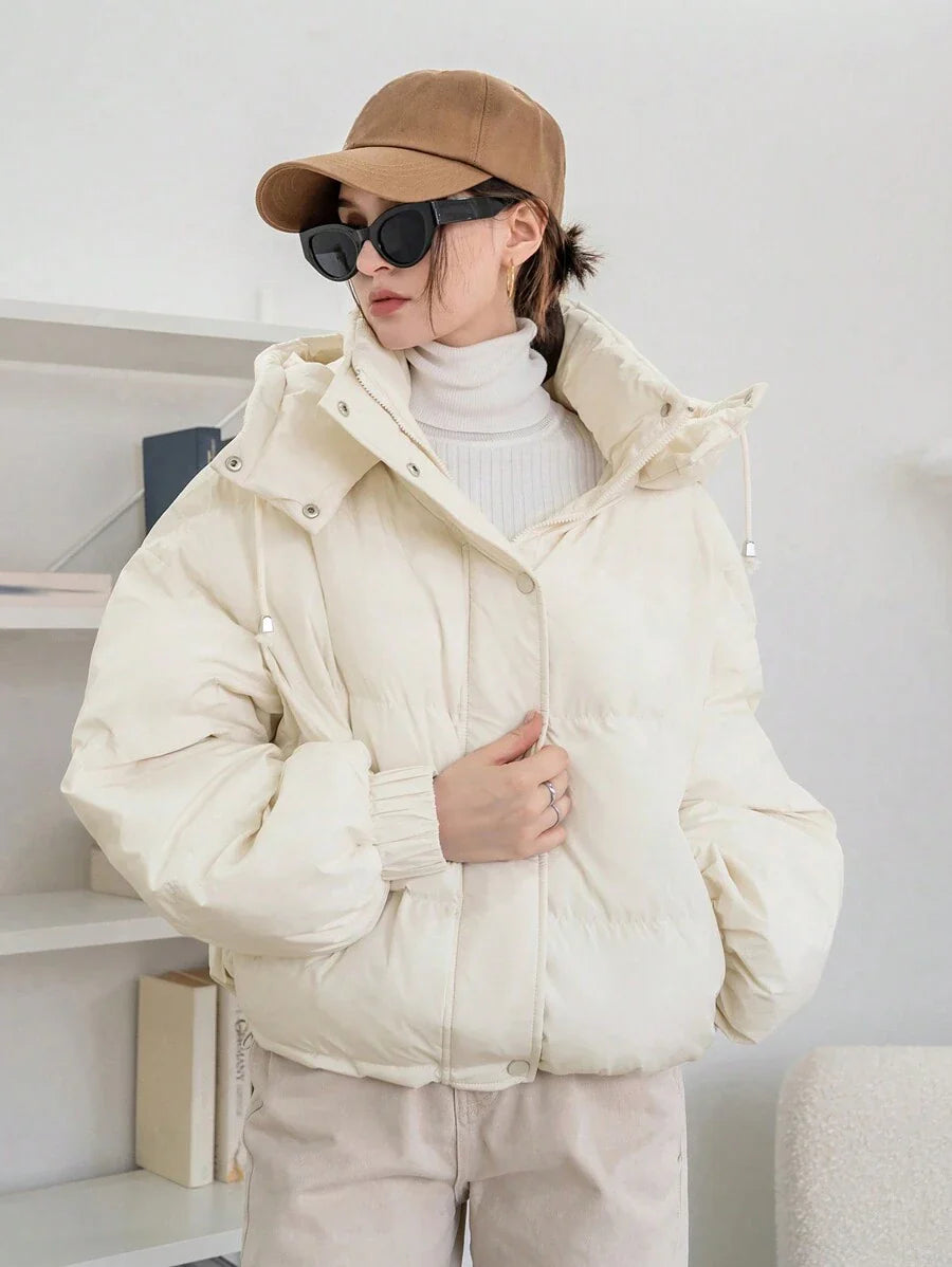 DAZY Women's Solid Color Long Sleeve Zipper Collar Casual Hooded Winter Jacket