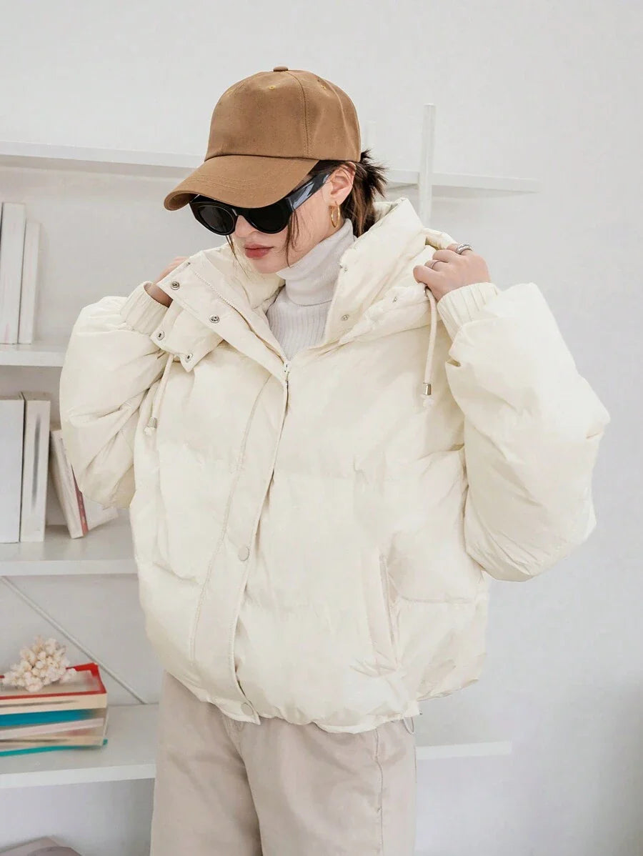 DAZY Women's Solid Color Long Sleeve Zipper Collar Casual Hooded Winter Jacket