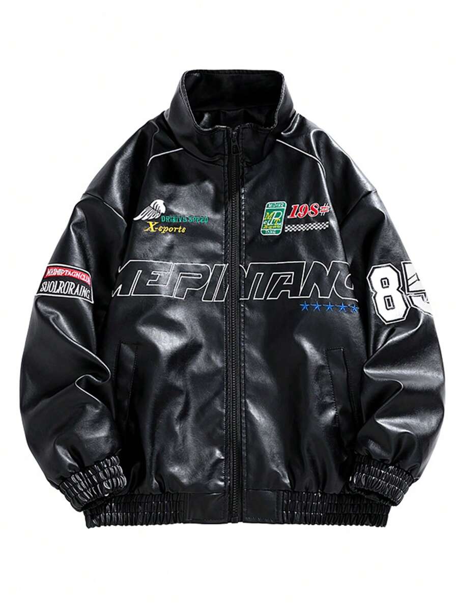 Men's PU Leather Embroidered Biker Rave Jacket, Grunge, Fall/Winter