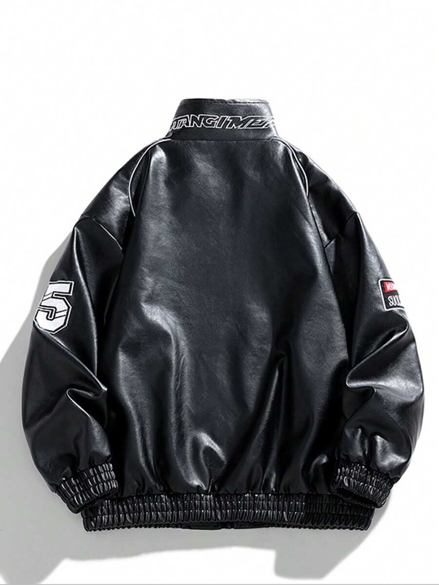 Men's PU Leather Embroidered Biker Rave Jacket, Grunge, Fall/Winter