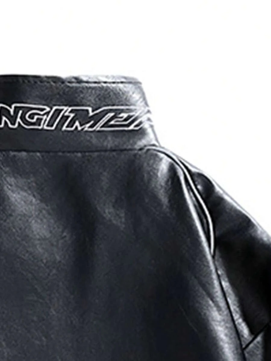 Men's PU Leather Embroidered Biker Rave Jacket, Grunge, Fall/Winter