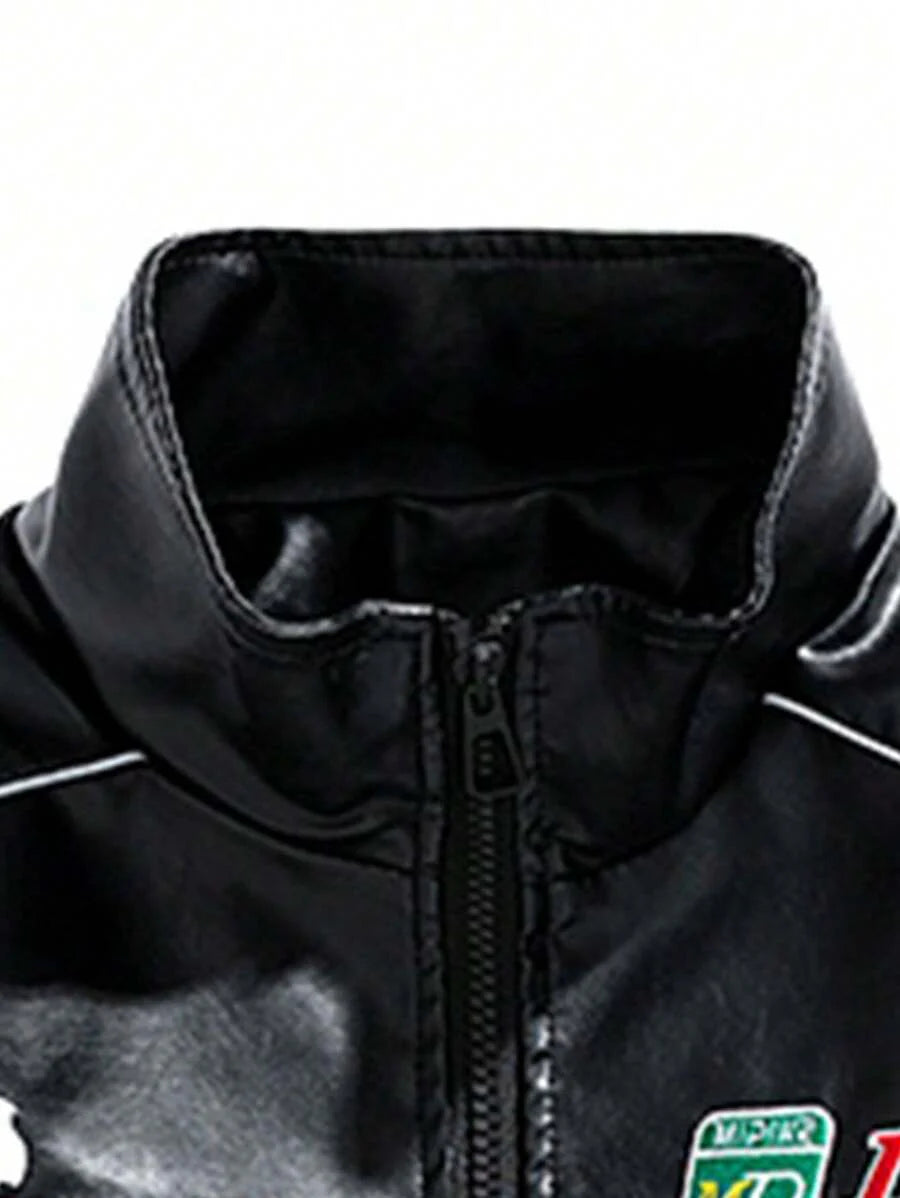 Men's PU Leather Embroidered Biker Rave Jacket, Grunge, Fall/Winter
