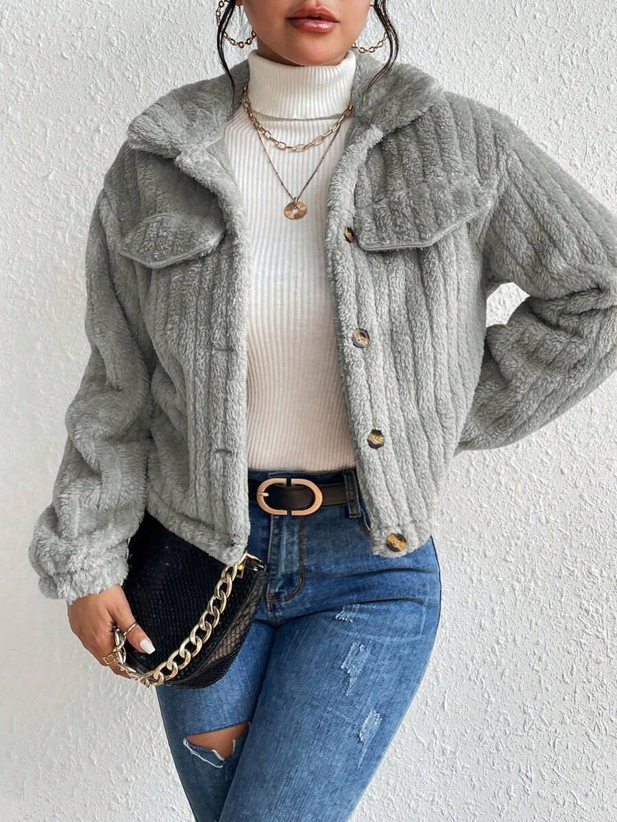 EMERY ROSE Flap Detail Fluffy Jacket Fall Winter Cloth For Women