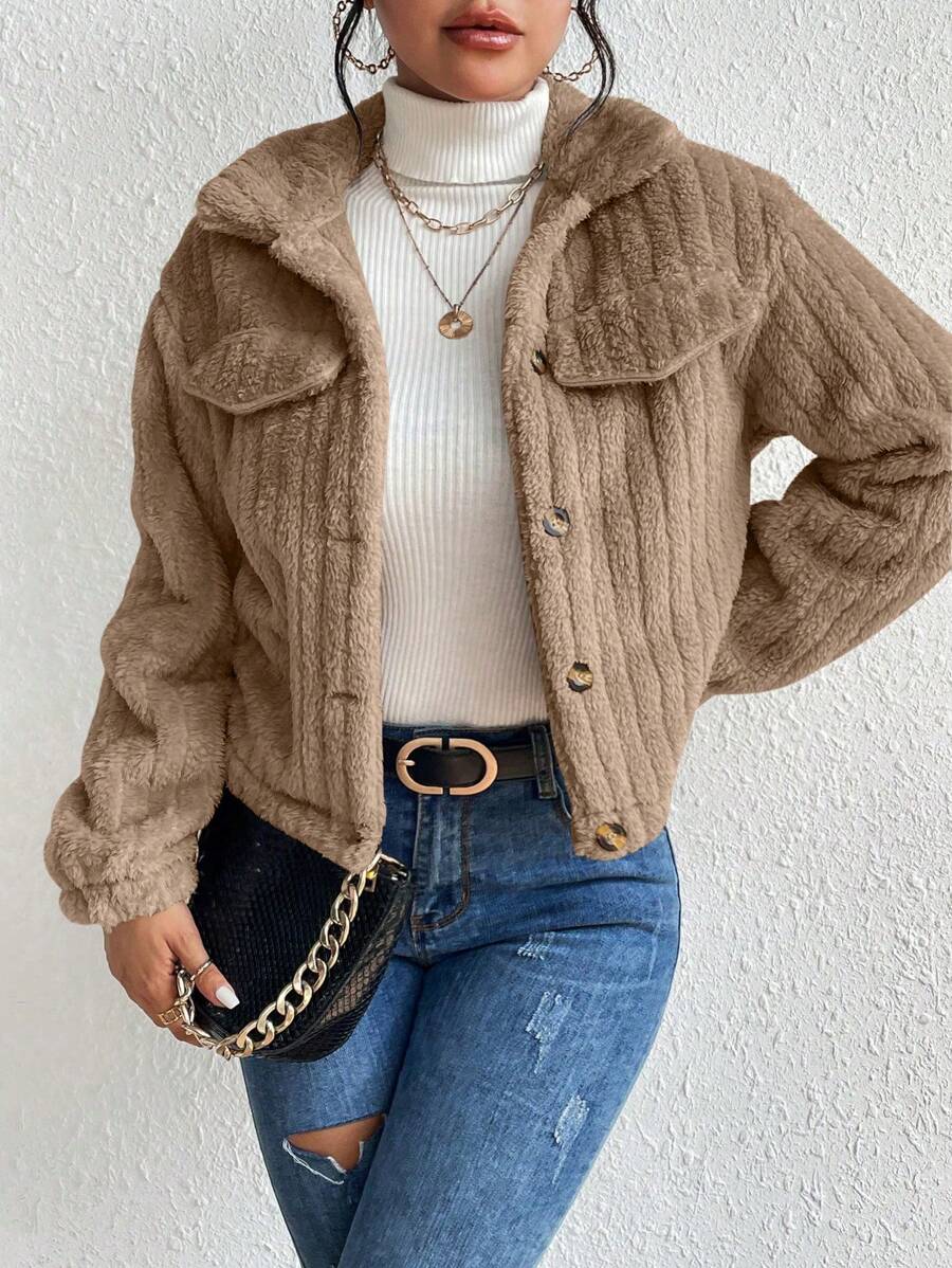 EMERY ROSE Flap Detail Fluffy Jacket Fall Winter Cloth For Women