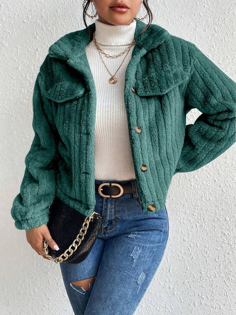 EMERY ROSE Flap Detail Fluffy Jacket Fall Winter Cloth For Women