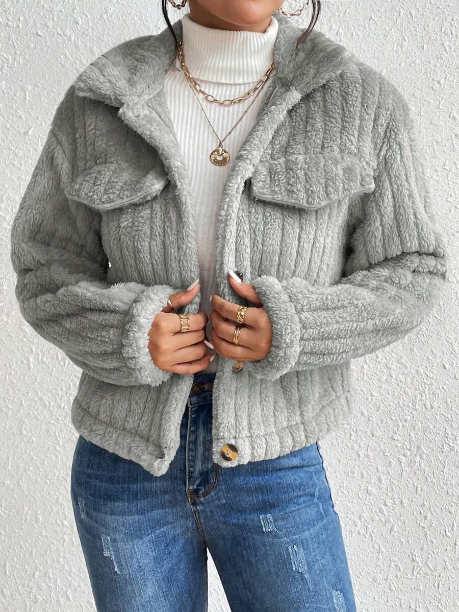 EMERY ROSE Flap Detail Fluffy Jacket Fall Winter Cloth For Women