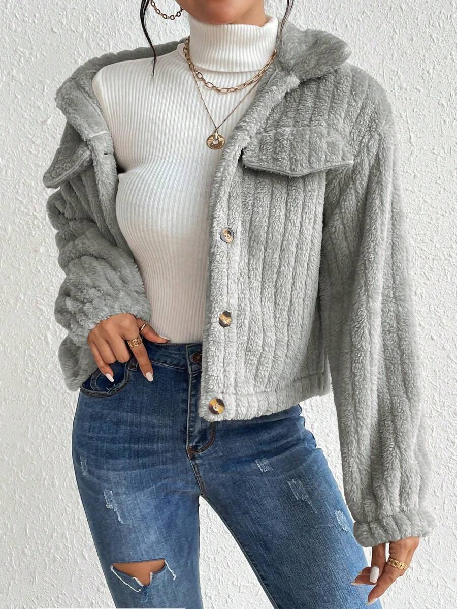 EMERY ROSE Flap Detail Fluffy Jacket Fall Winter Cloth For Women