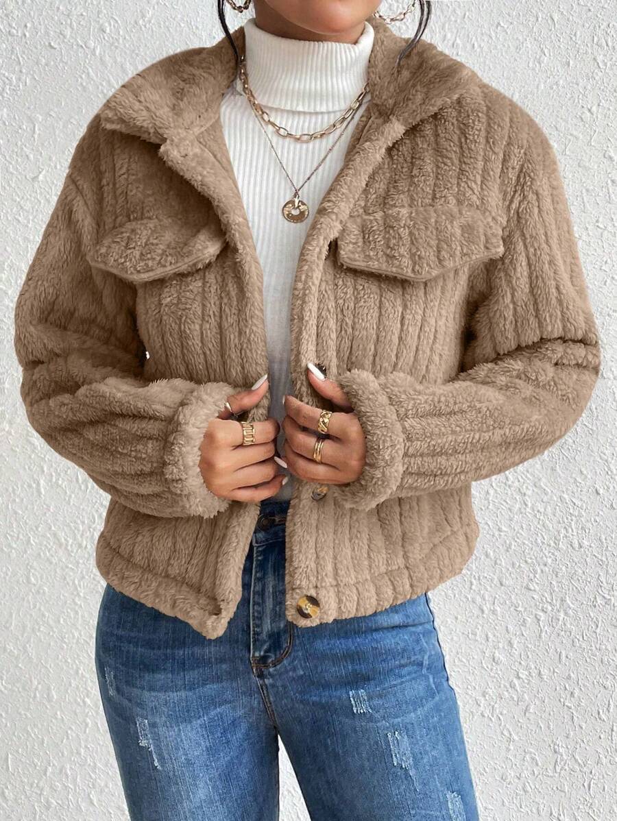 EMERY ROSE Flap Detail Fluffy Jacket Fall Winter Cloth For Women