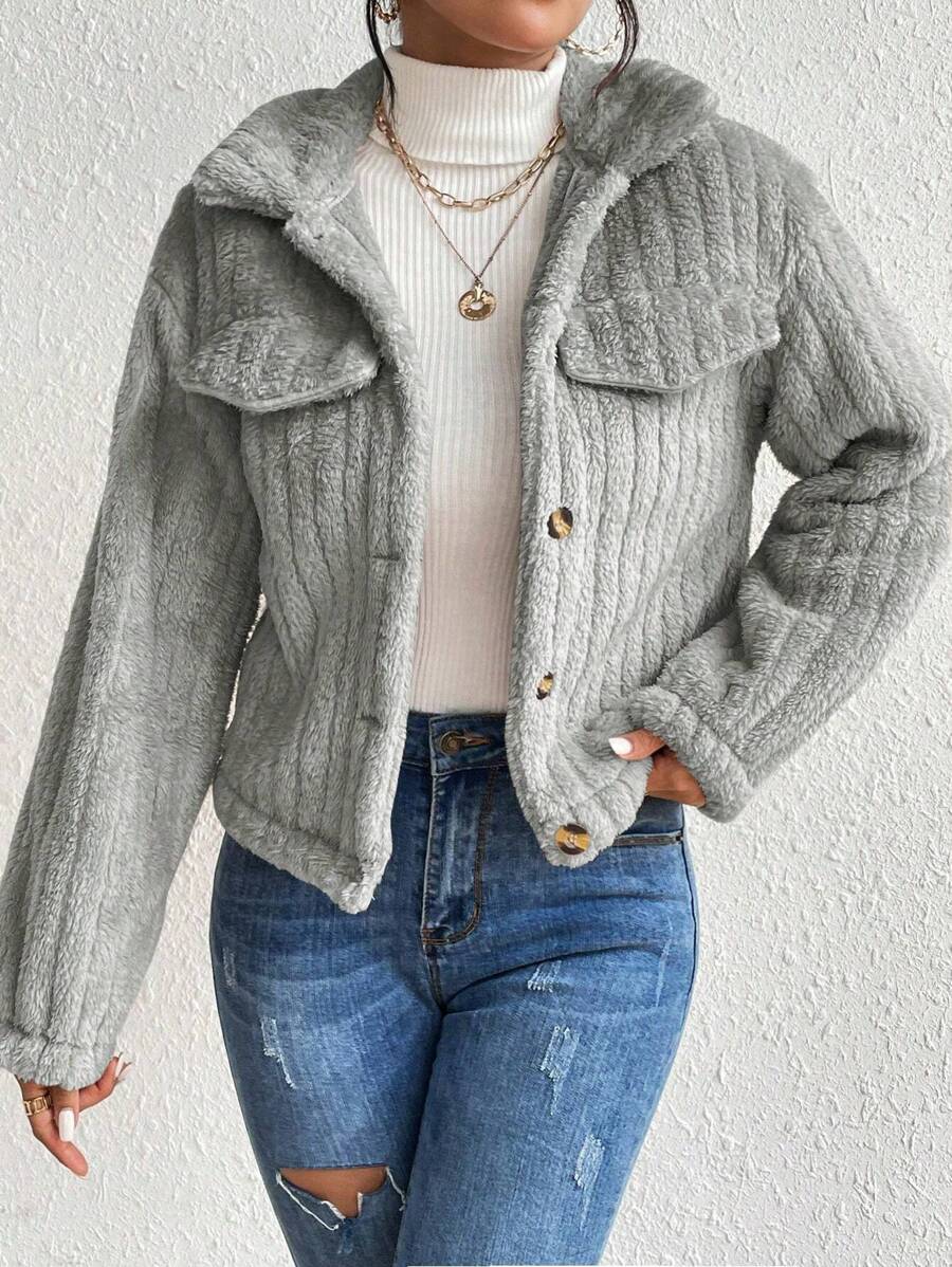 EMERY ROSE Flap Detail Fluffy Jacket Fall Winter Cloth For Women