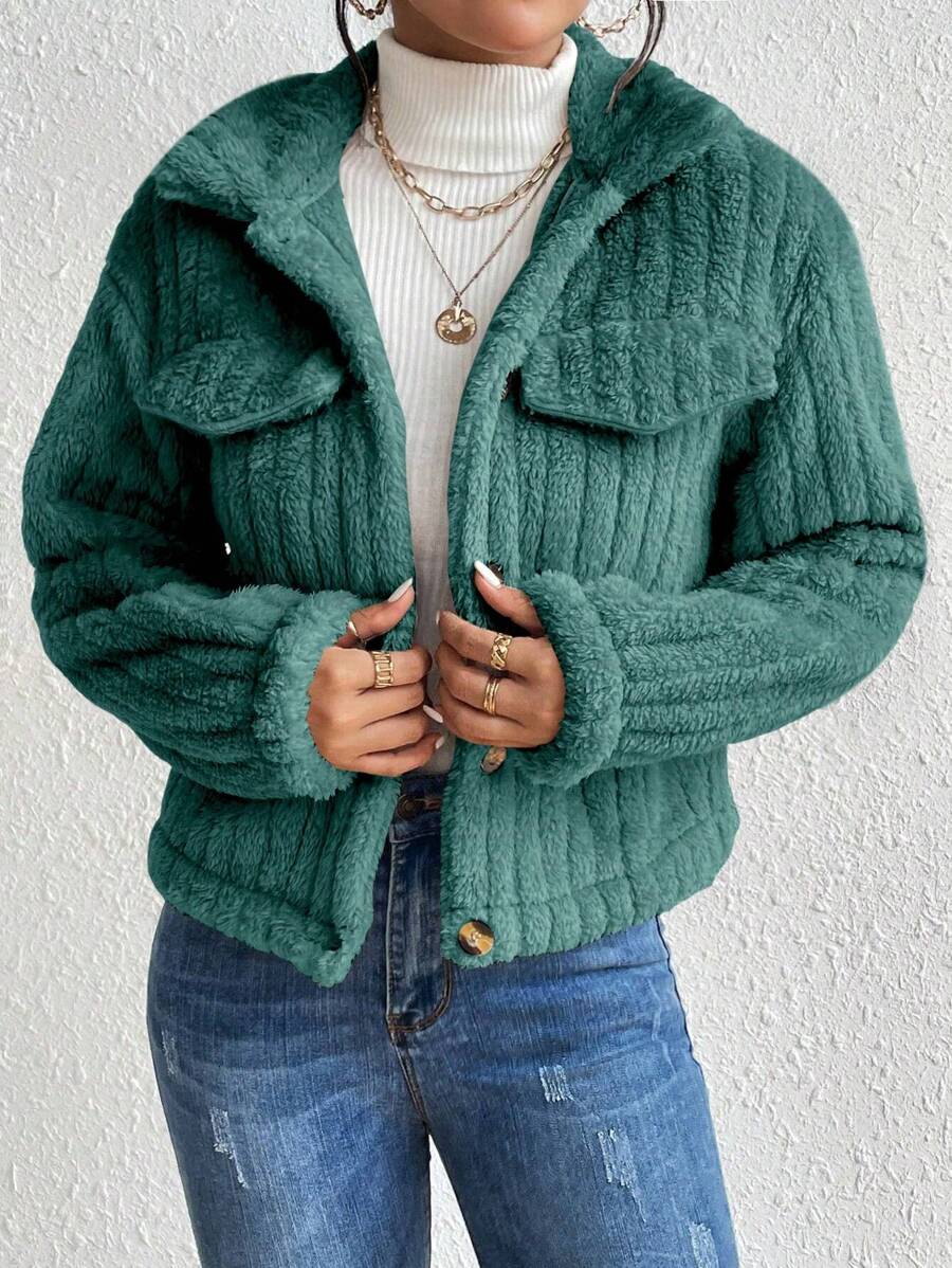 EMERY ROSE Flap Detail Fluffy Jacket Fall Winter Cloth For Women