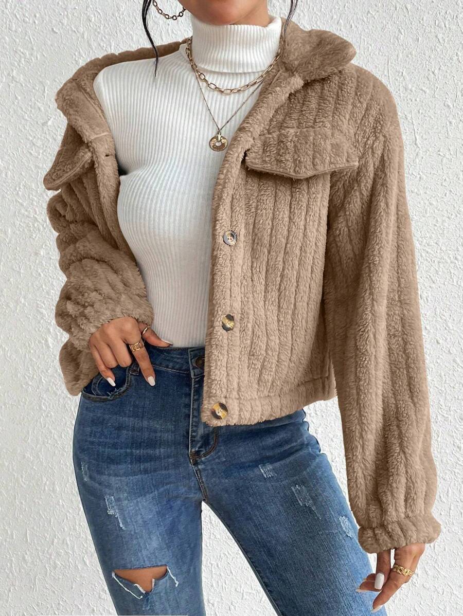 EMERY ROSE Flap Detail Fluffy Jacket Fall Winter Cloth For Women