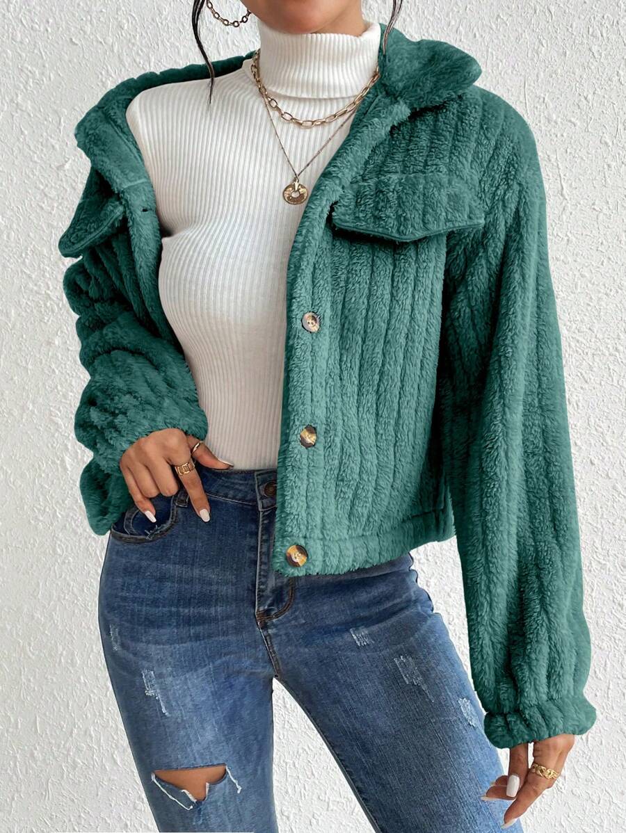 EMERY ROSE Flap Detail Fluffy Jacket Fall Winter Cloth For Women