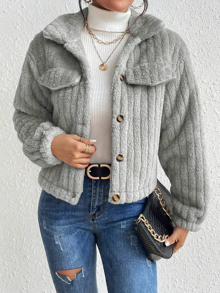 EMERY ROSE Flap Detail Fluffy Jacket Fall Winter Cloth For Women