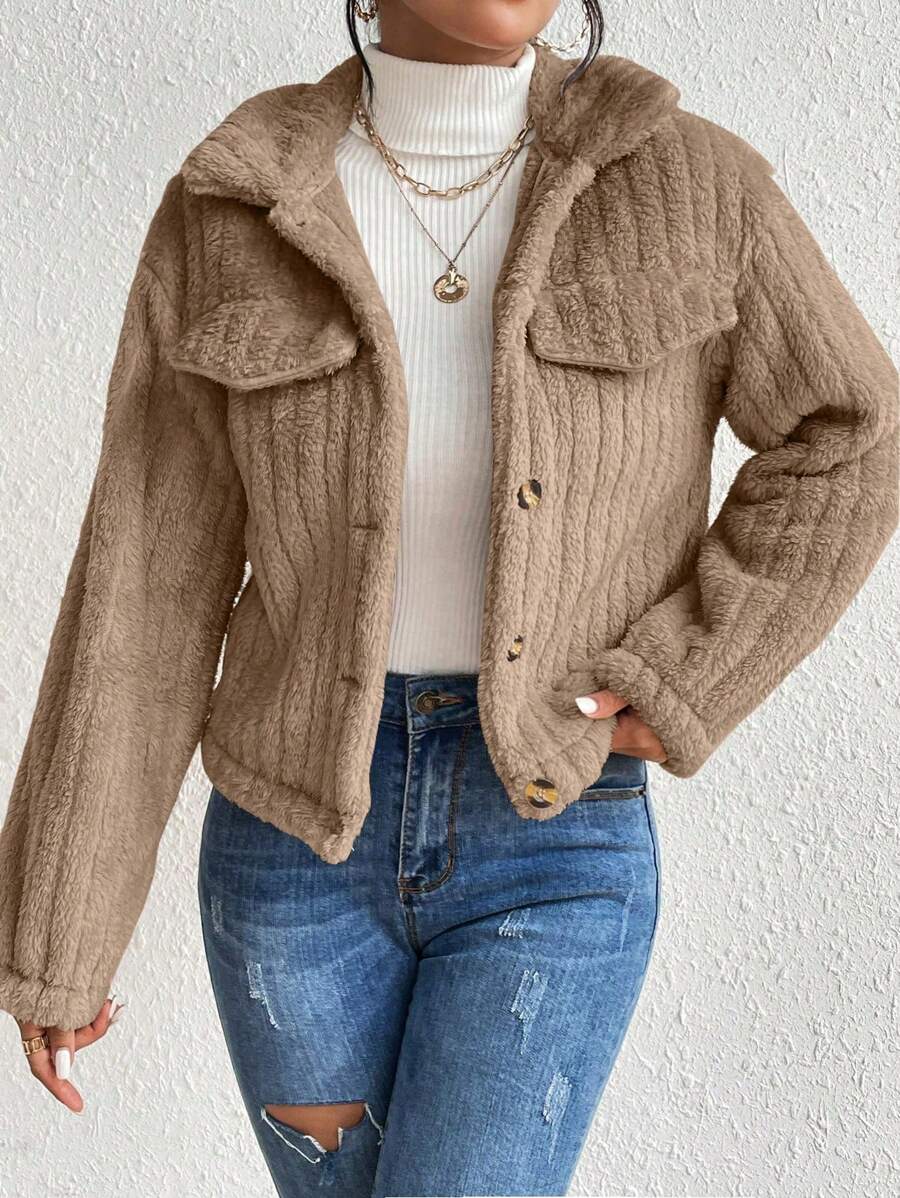 EMERY ROSE Flap Detail Fluffy Jacket Fall Winter Cloth For Women