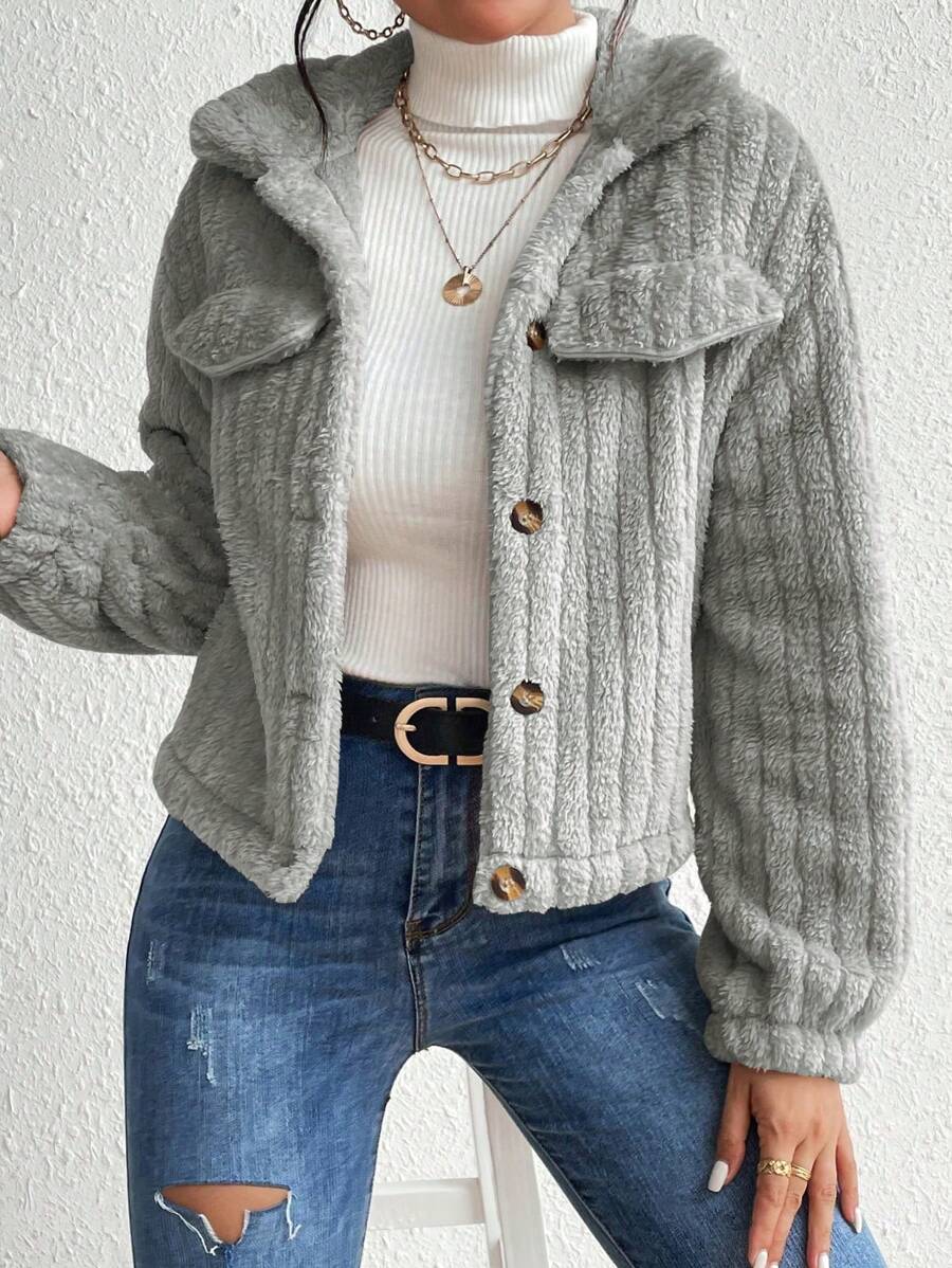 EMERY ROSE Flap Detail Fluffy Jacket Fall Winter Cloth For Women