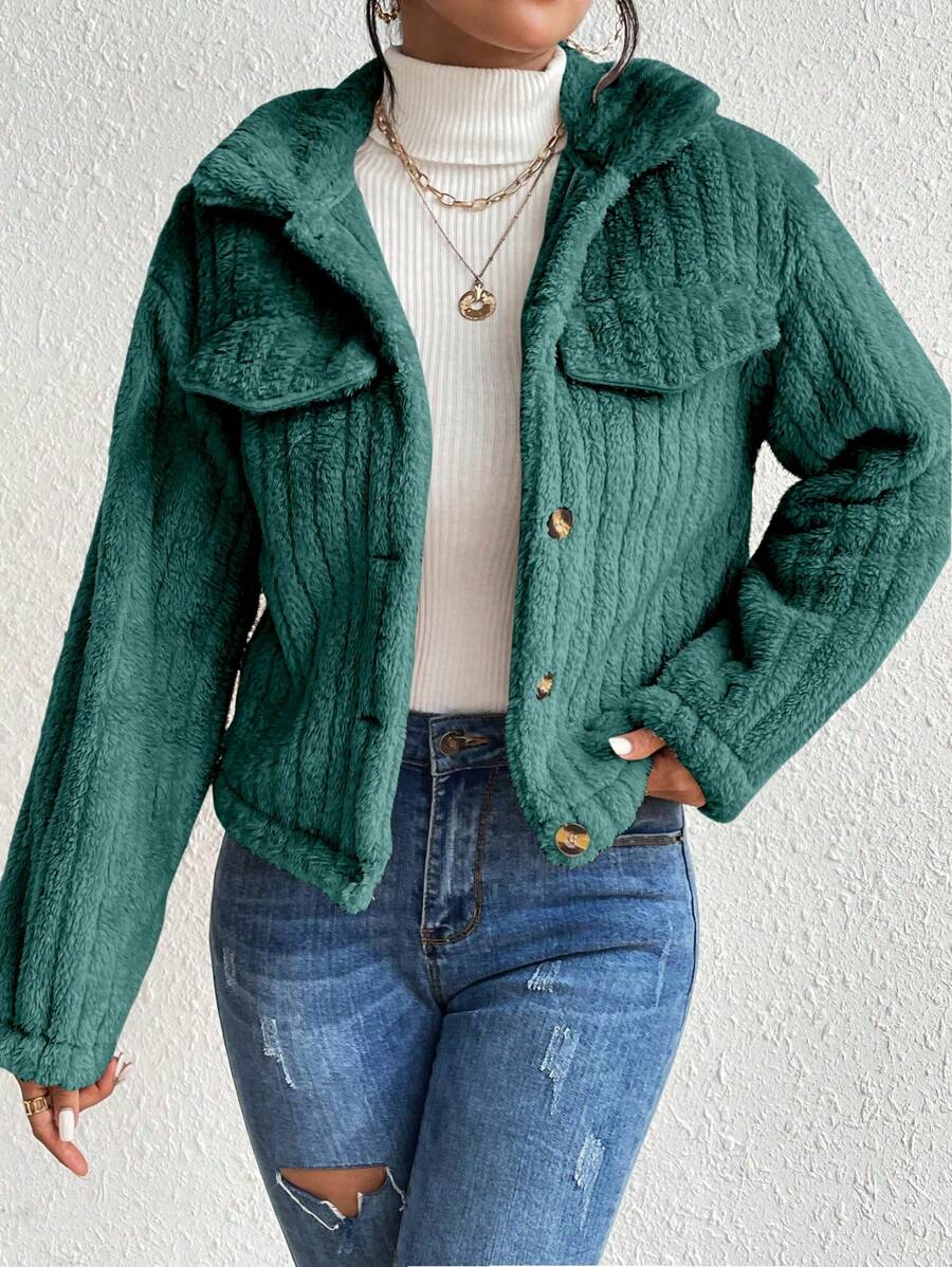 EMERY ROSE Flap Detail Fluffy Jacket Fall Winter Cloth For Women