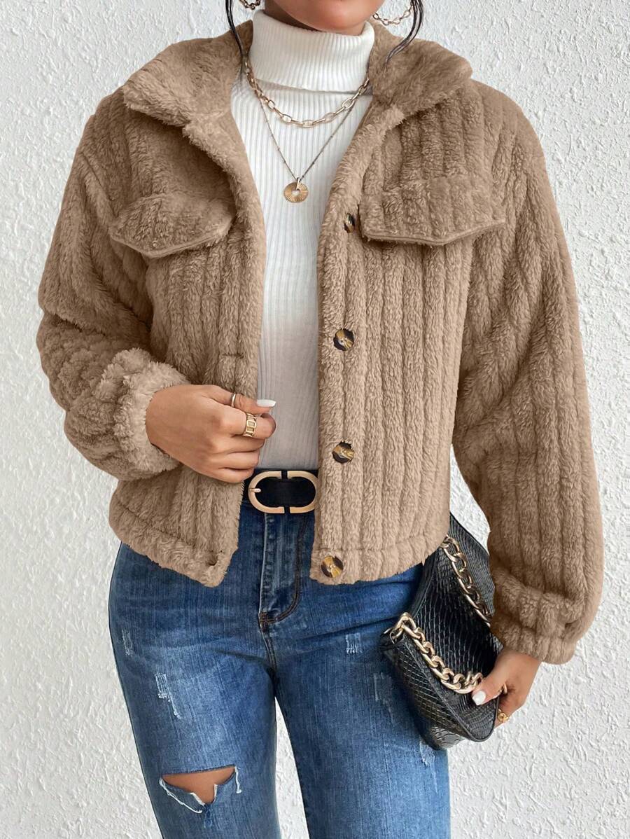 EMERY ROSE Flap Detail Fluffy Jacket Fall Winter Cloth For Women