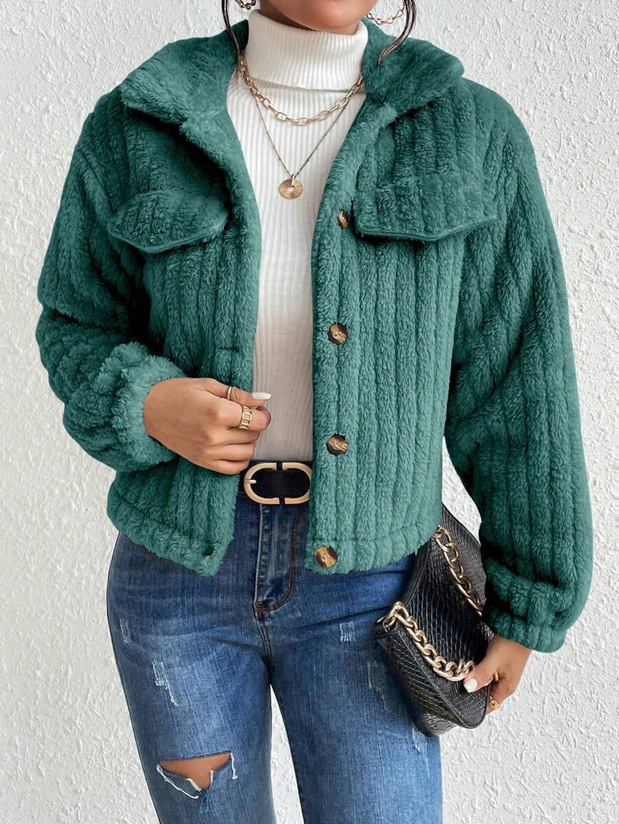 EMERY ROSE Flap Detail Fluffy Jacket Fall Winter Cloth For Women