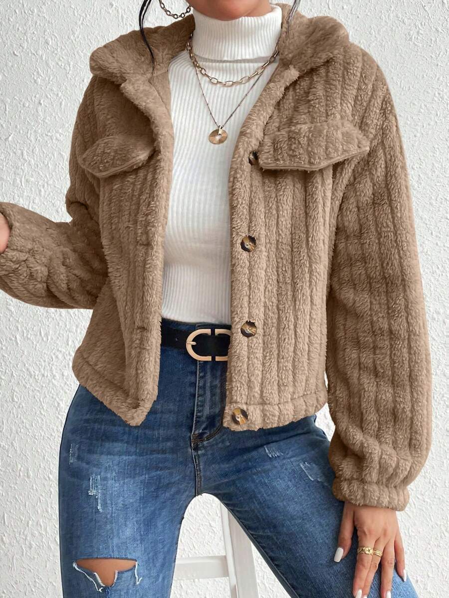 EMERY ROSE Flap Detail Fluffy Jacket Fall Winter Cloth For Women