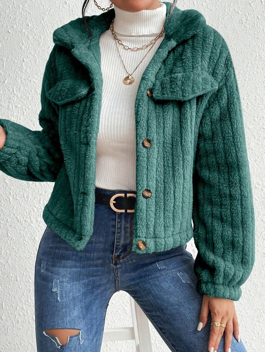 EMERY ROSE Flap Detail Fluffy Jacket Fall Winter Cloth For Women