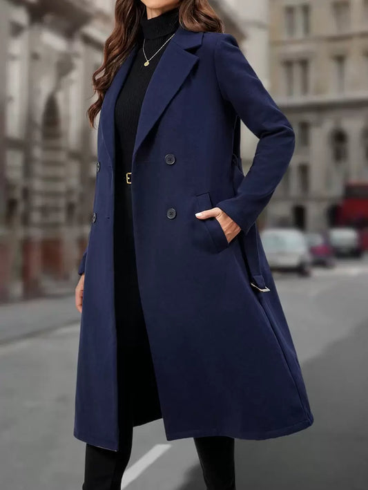 EMERY ROSE Lapel Neck Double Breasted Belted Overcoat In Fall/Winter