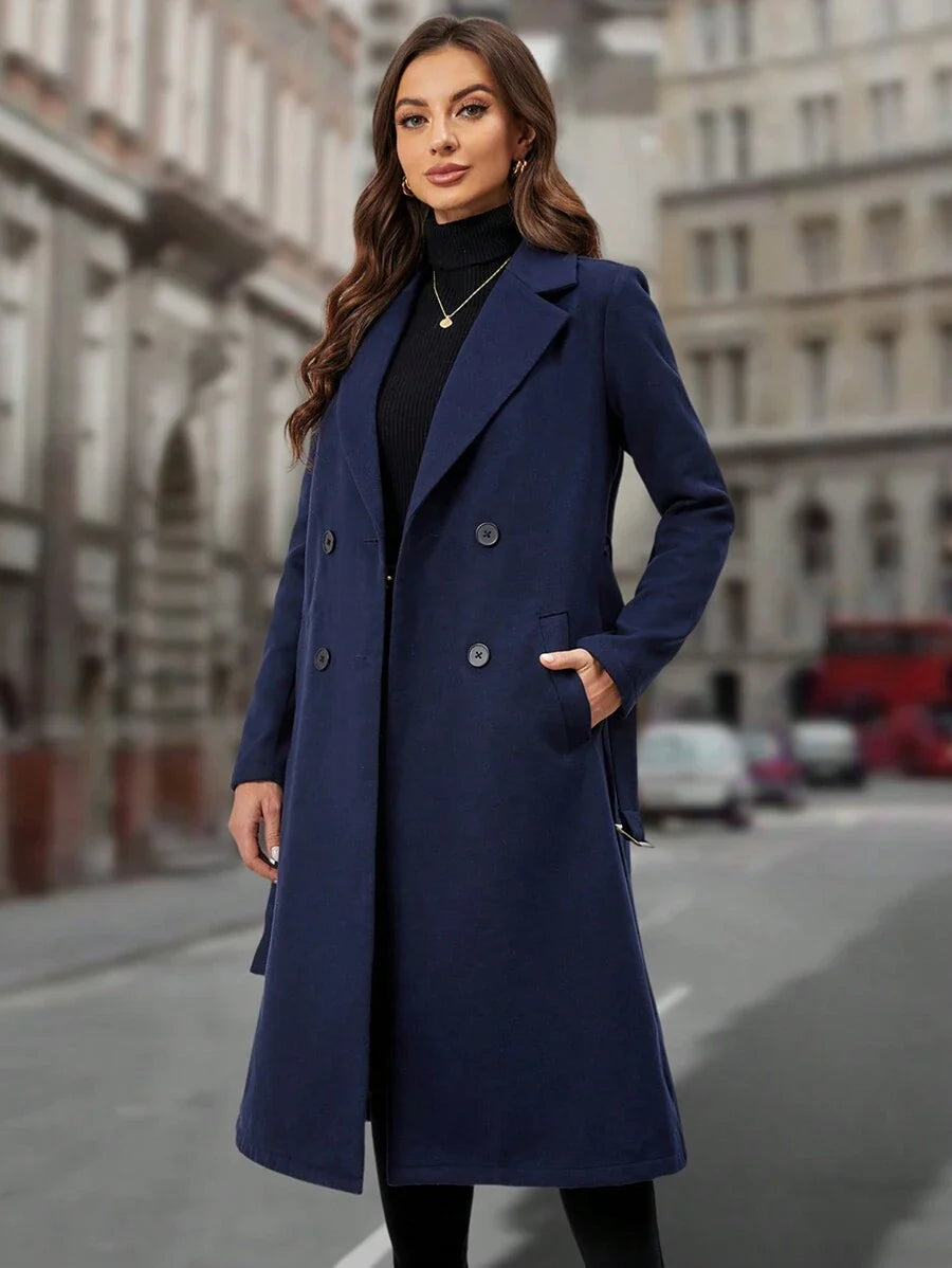EMERY ROSE Lapel Neck Double Breasted Belted Overcoat In Fall/Winter