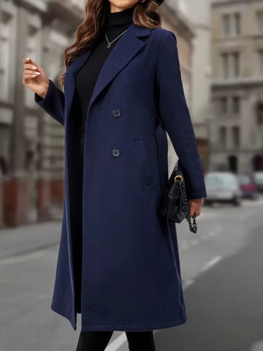 EMERY ROSE Lapel Neck Double Breasted Belted Overcoat In Fall/Winter