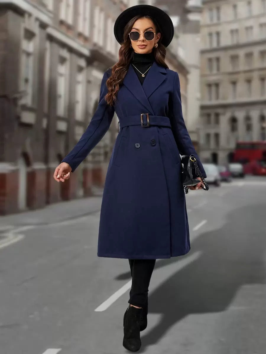 EMERY ROSE Lapel Neck Double Breasted Belted Overcoat In Fall/Winter