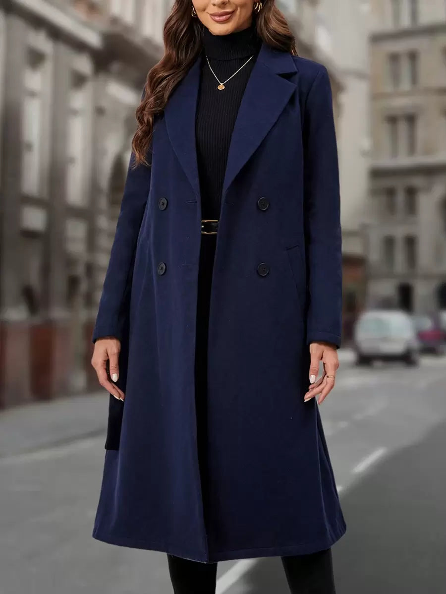 EMERY ROSE Lapel Neck Double Breasted Belted Overcoat In Fall/Winter