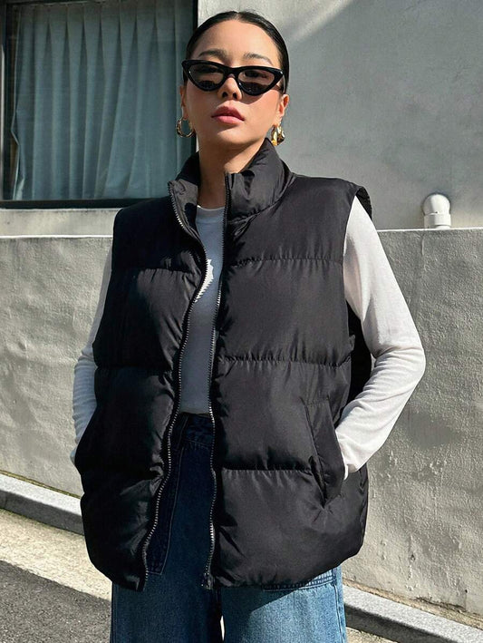DAZY Zip Up Padded Vest Thick Pockets Coat, Ladies Late Fall Casual Pocket, Zipper Funnel Neck Loose Black Plain Women Coats, Winter Warmth/ Winter Fashion, Winter Women Padded Coat Jacket
