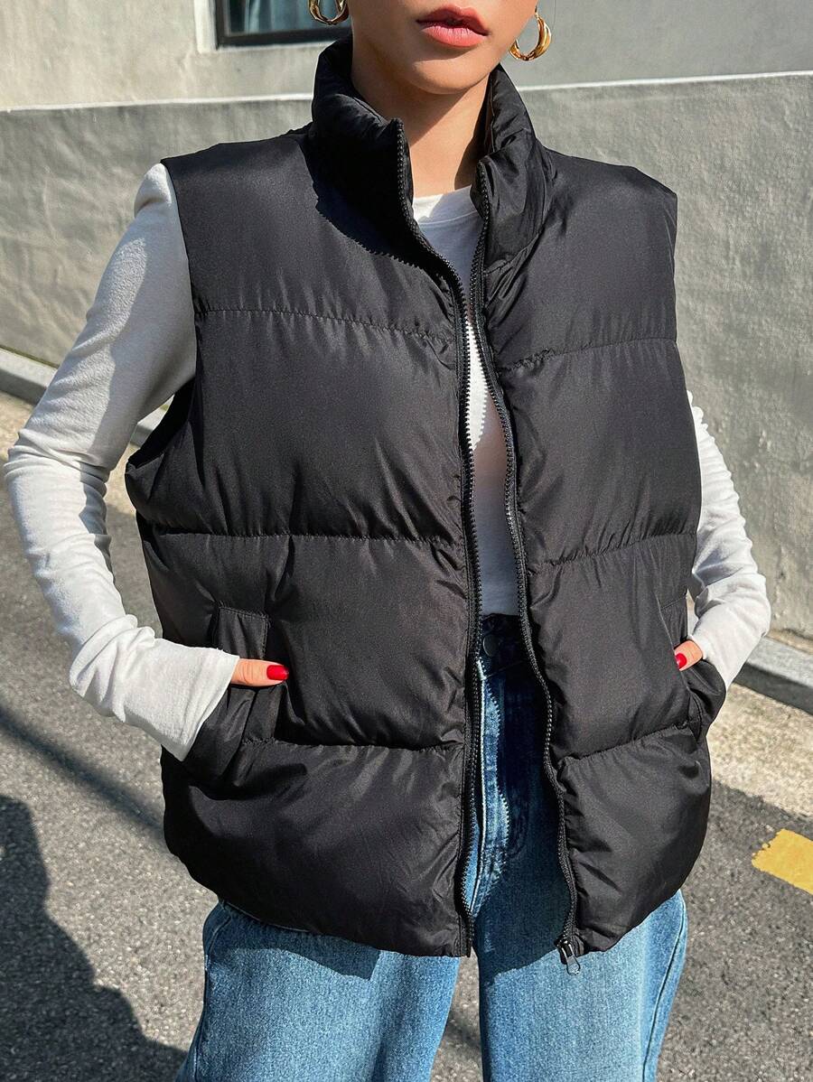 DAZY Zip Up Padded Vest Thick Pockets Coat, Ladies Late Fall Casual Pocket, Zipper Funnel Neck Loose Black Plain Women Coats, Winter Warmth/ Winter Fashion, Winter Women Padded Coat Jacket