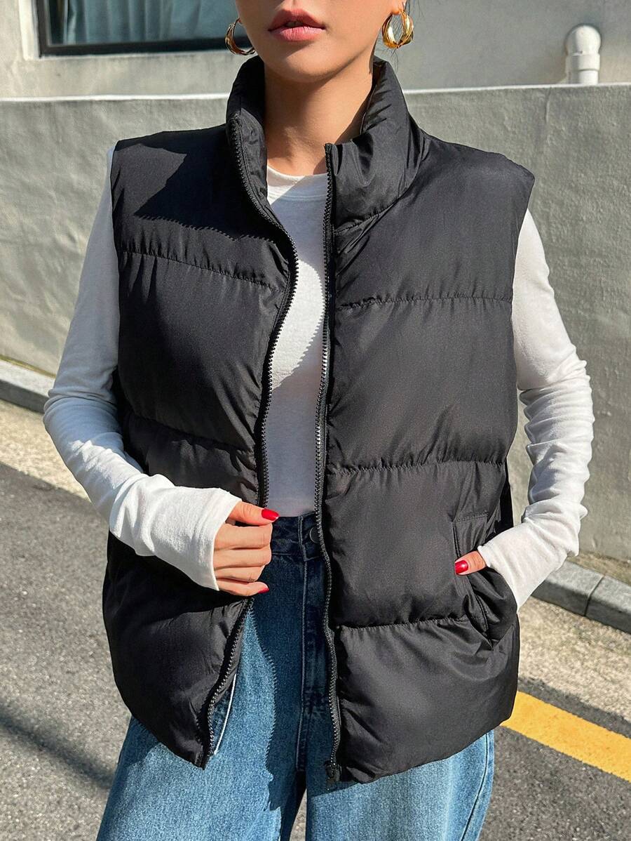 DAZY Zip Up Padded Vest Thick Pockets Coat, Ladies Late Fall Casual Pocket, Zipper Funnel Neck Loose Black Plain Women Coats, Winter Warmth/ Winter Fashion, Winter Women Padded Coat Jacket