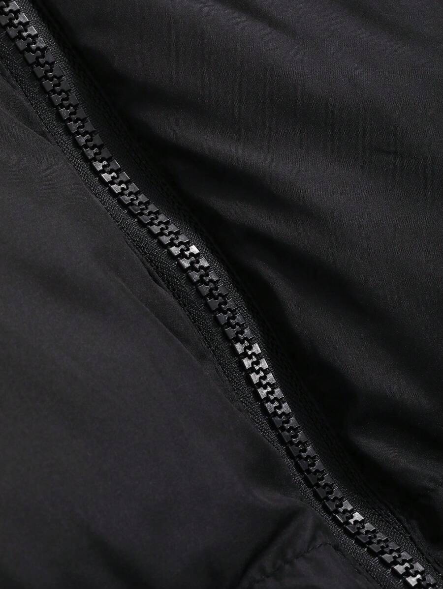 DAZY Zip Up Padded Vest Thick Pockets Coat, Ladies Late Fall Casual Pocket, Zipper Funnel Neck Loose Black Plain Women Coats, Winter Warmth/ Winter Fashion, Winter Women Padded Coat Jacket