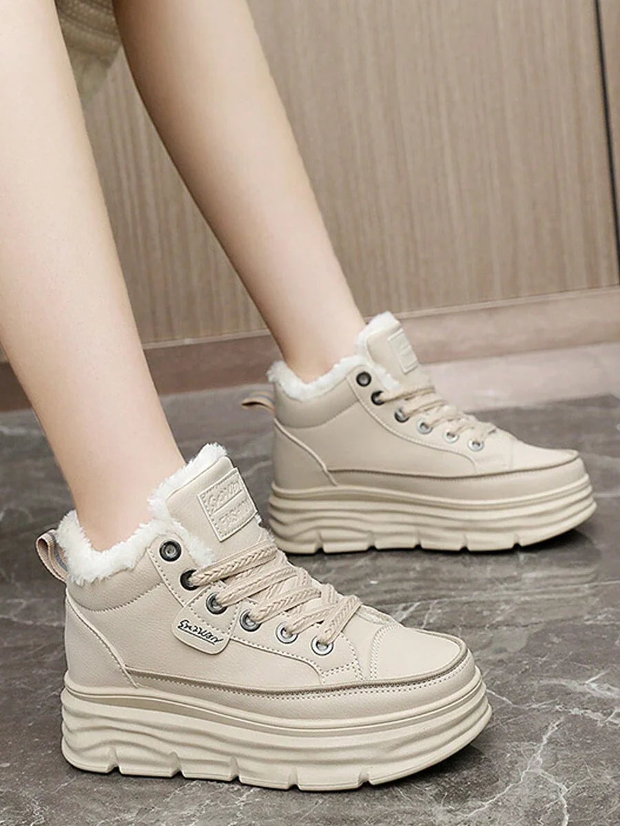 Women's Winter High-Top Sports Shoes - Thick Thermal Lined, Anti-Slip Thick Soles, Fashionable Geometric Pattern Design, Lace-Up Closure, Sneakers For Women