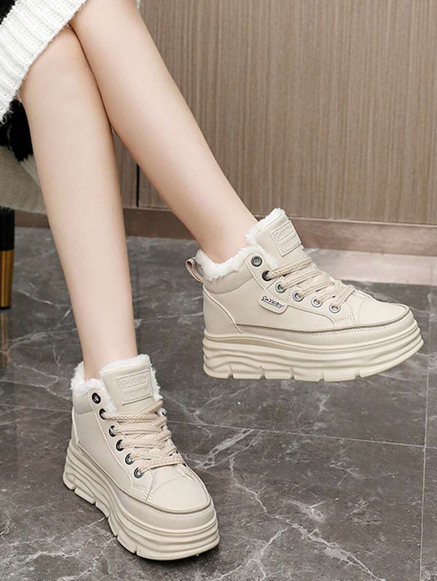 Women's Winter High-Top Sports Shoes - Thick Thermal Lined, Anti-Slip Thick Soles, Fashionable Geometric Pattern Design, Lace-Up Closure, Sneakers For Women