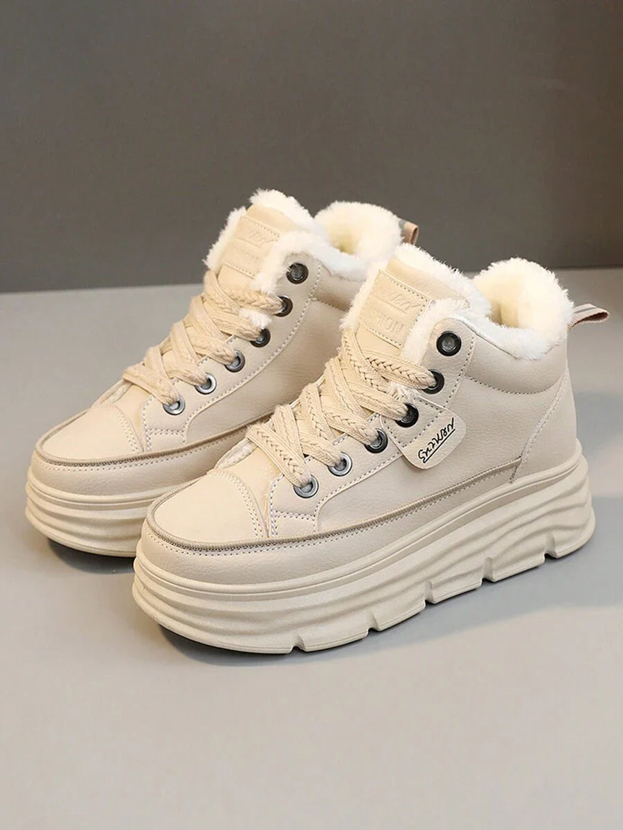 Women's Winter High-Top Sports Shoes - Thick Thermal Lined, Anti-Slip Thick Soles, Fashionable Geometric Pattern Design, Lace-Up Closure, Sneakers For Women