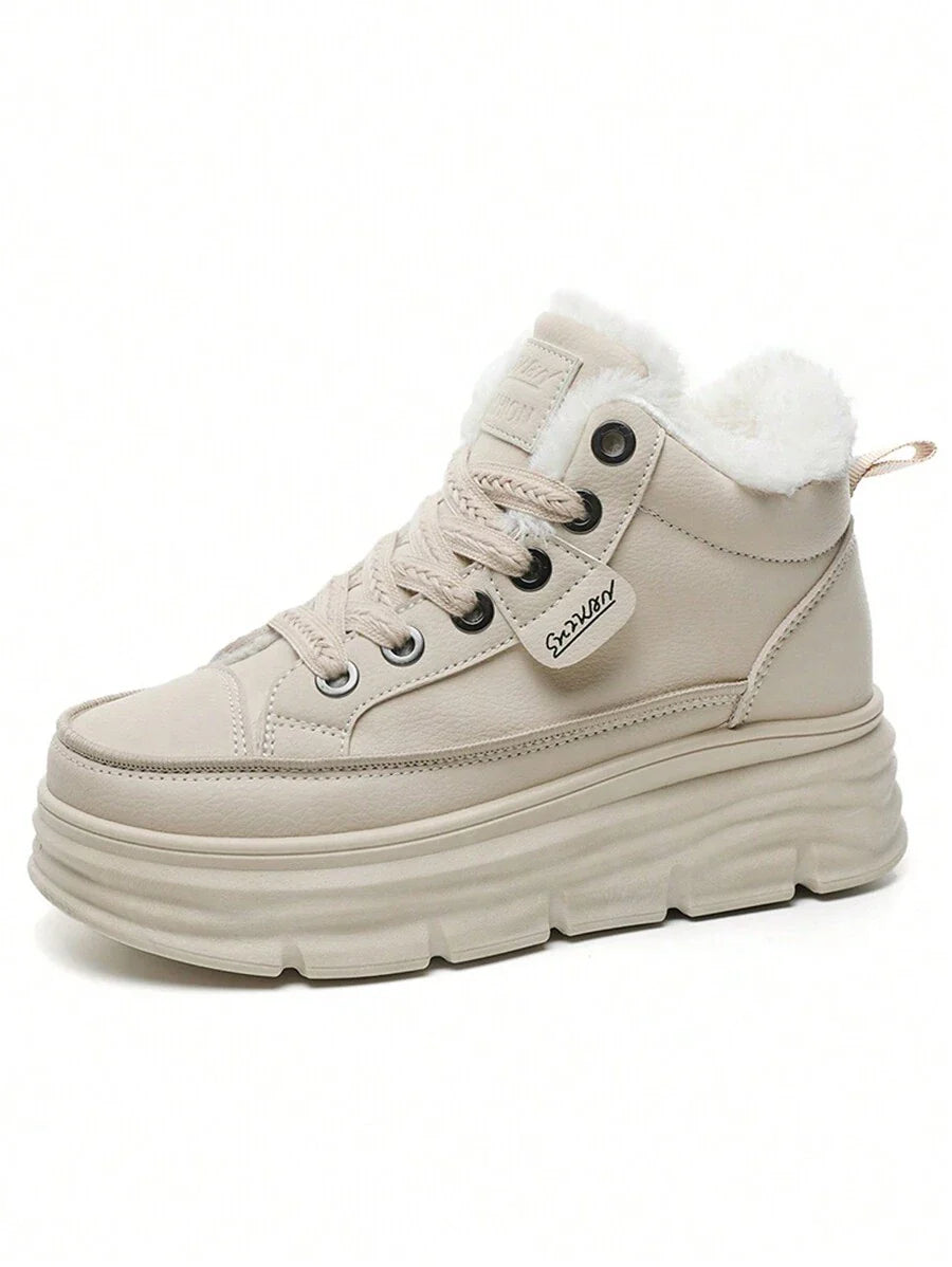 Women's Winter High-Top Sports Shoes - Thick Thermal Lined, Anti-Slip Thick Soles, Fashionable Geometric Pattern Design, Lace-Up Closure, Sneakers For Women