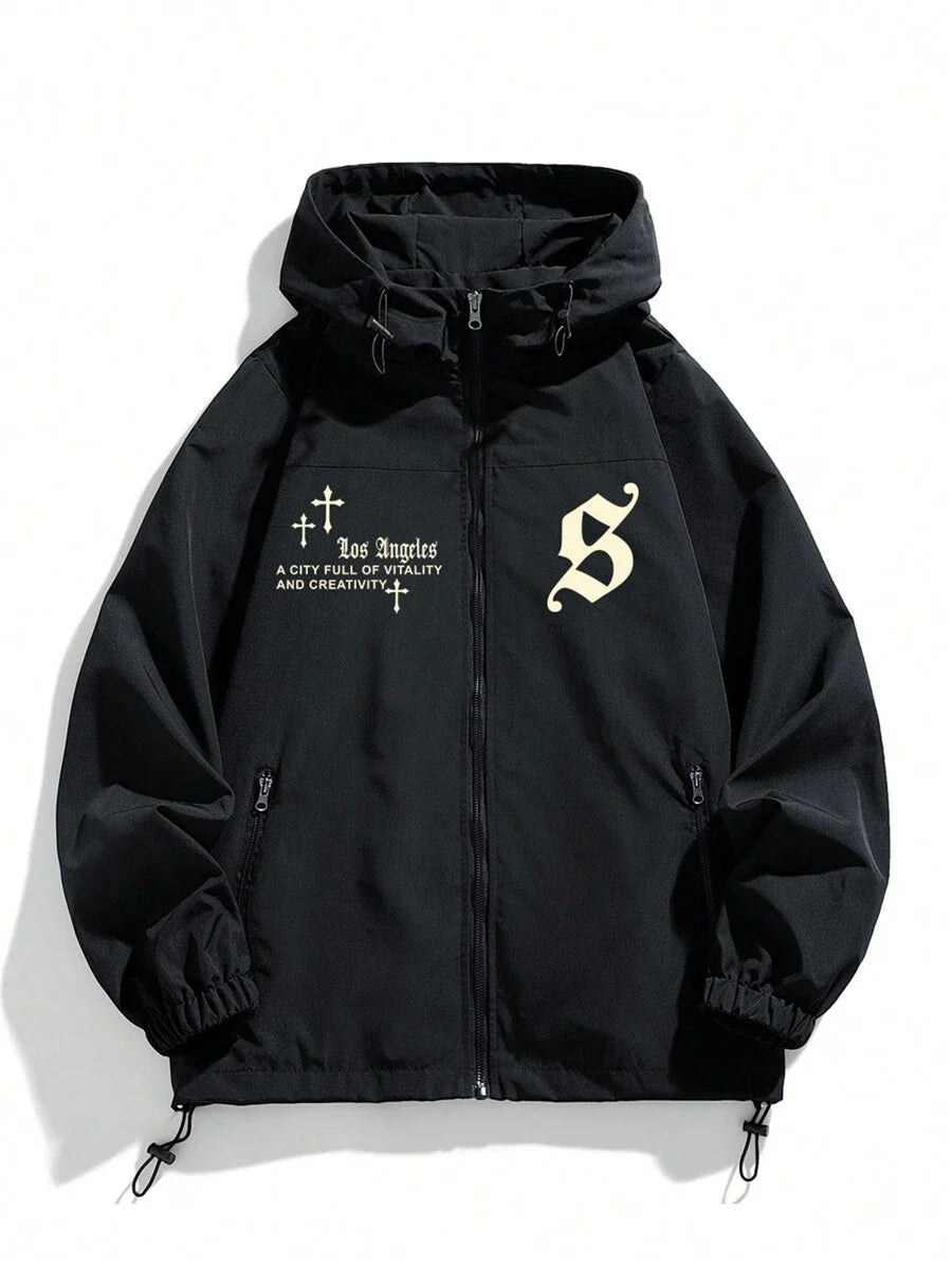 Men's Hooded Jacket With Pockets, Printed Outerwear For Spring And Autumn