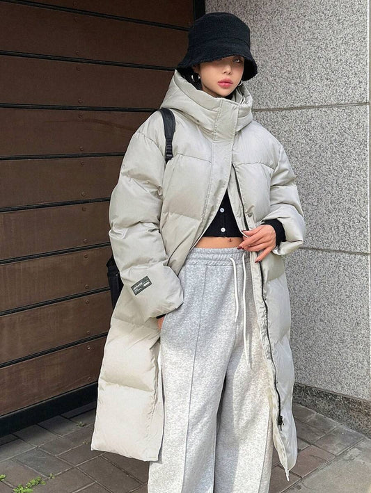 DAZY Letter Patched Detail Zip Up Hooded Padded Coat ,Winter Women Clothes,Winter Coat Women