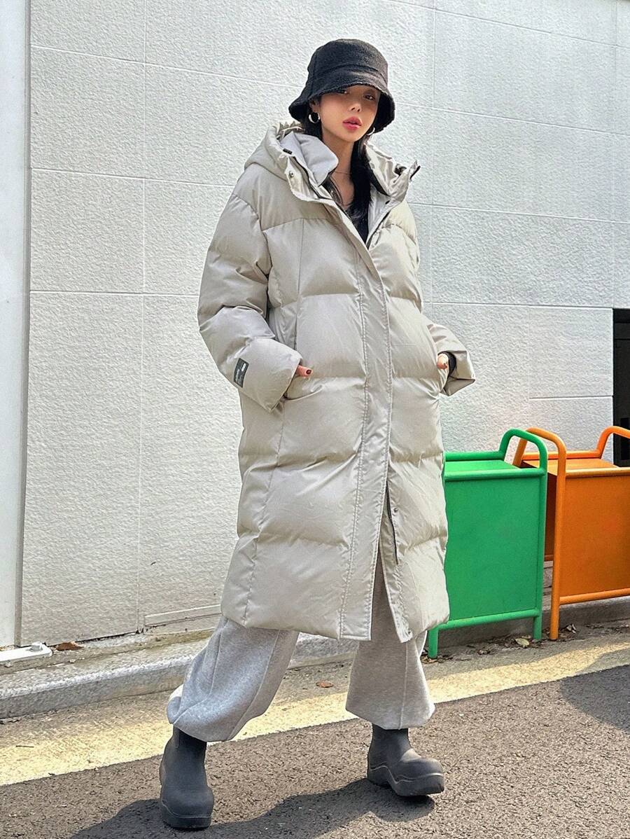 DAZY Letter Patched Detail Zip Up Hooded Padded Coat ,Winter Women Clothes,Winter Coat Women