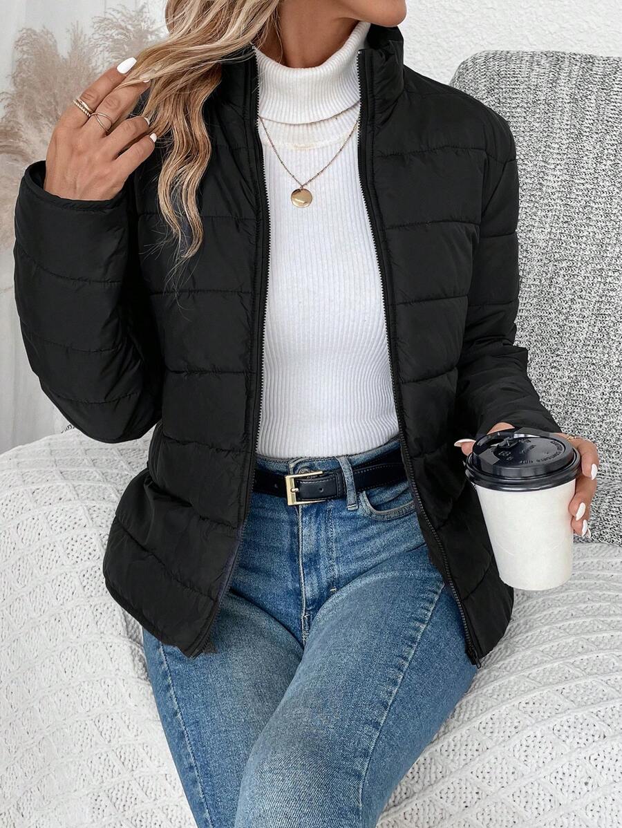 LUNE Women Solid Color Long Sleeve Zipper Stand Collar Casual Winter Jacket Fall Cloth For Women