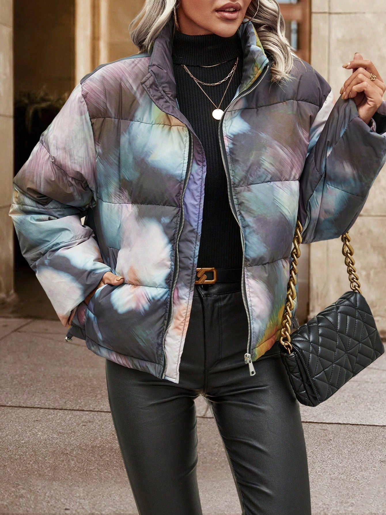 SHEIN LUNE Tie Dye Drop Shoulder Zipper Padded Coat Fall Cloth For Women